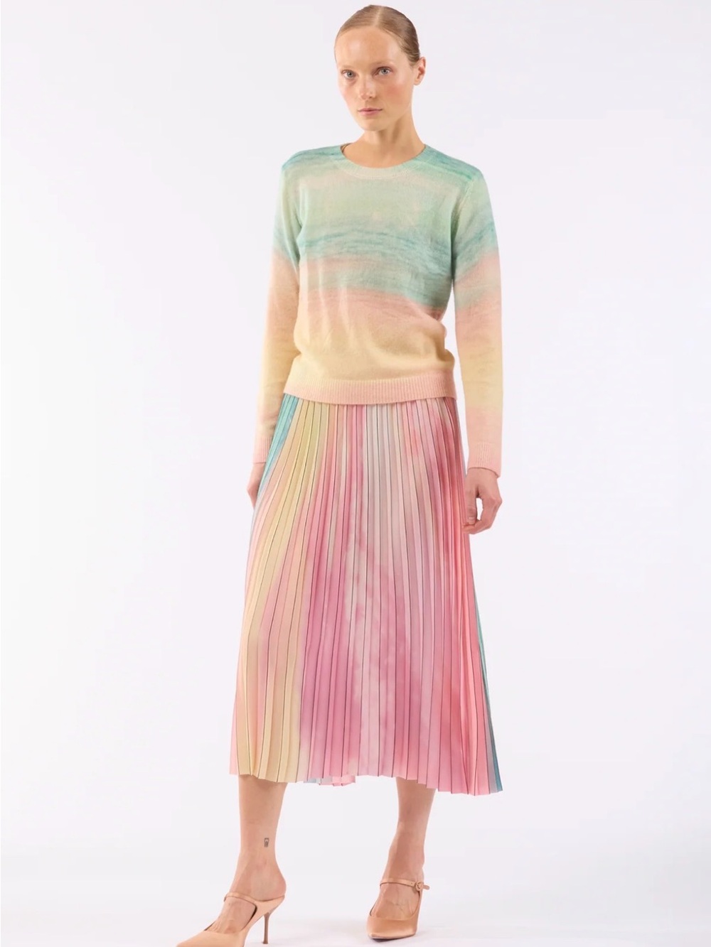 Pastel Ombre Pleated Midi Skirt - Multicolor